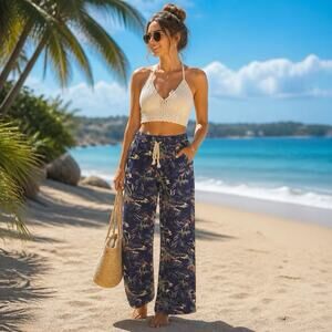 Cali 1850 Floral Tropical Wide Leg LinenRayon Pants Women S Beach Resort Cottage